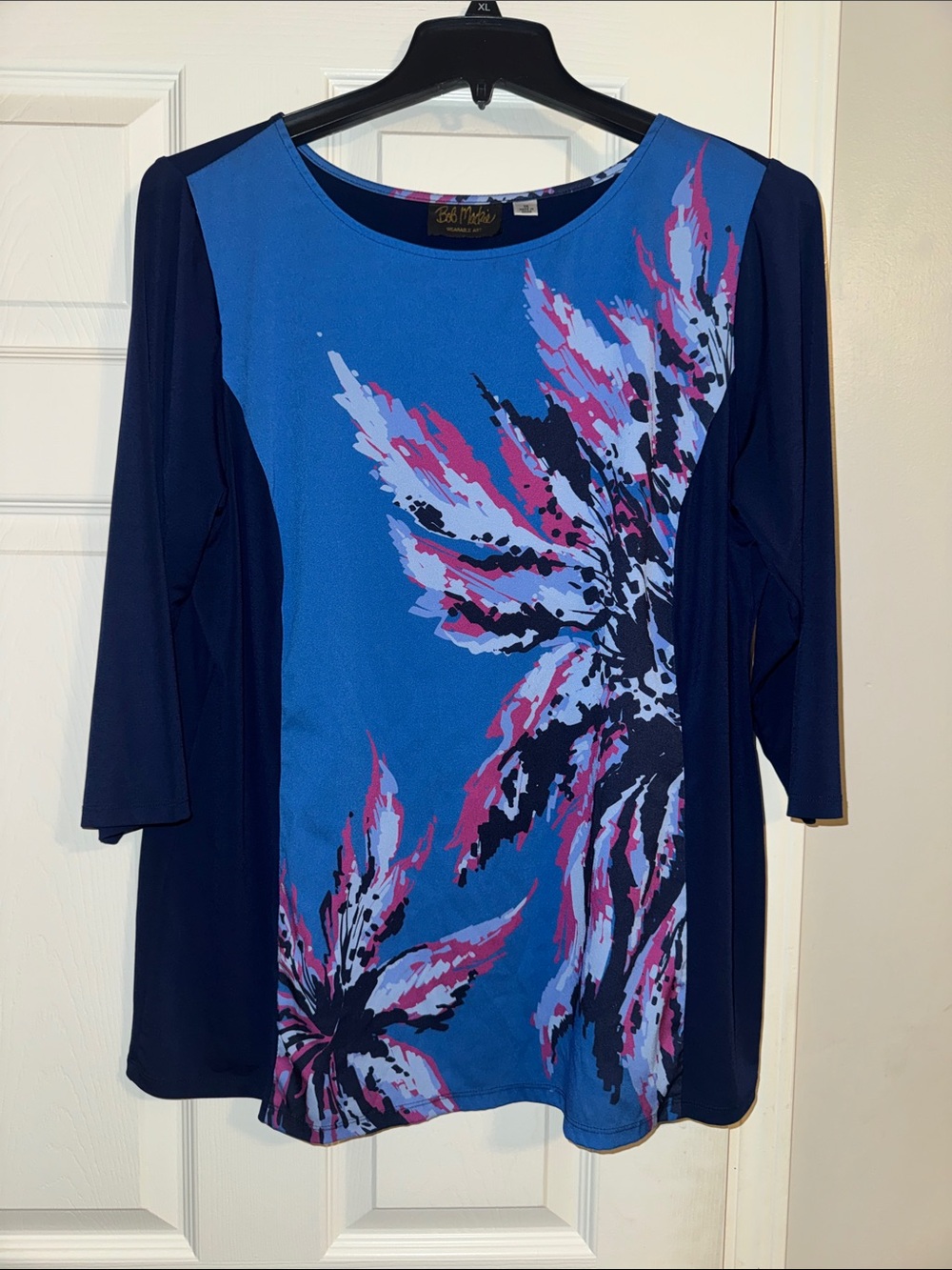 Bob Mackie Blue Floral Panel Tunic with Navy Sleeves